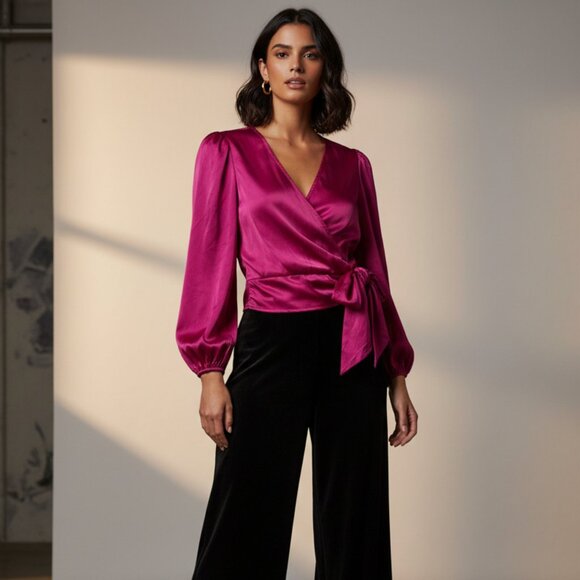 Express Women's Size XL Magenta Satin Front Tie Feminine Top - Picture 1 of 11